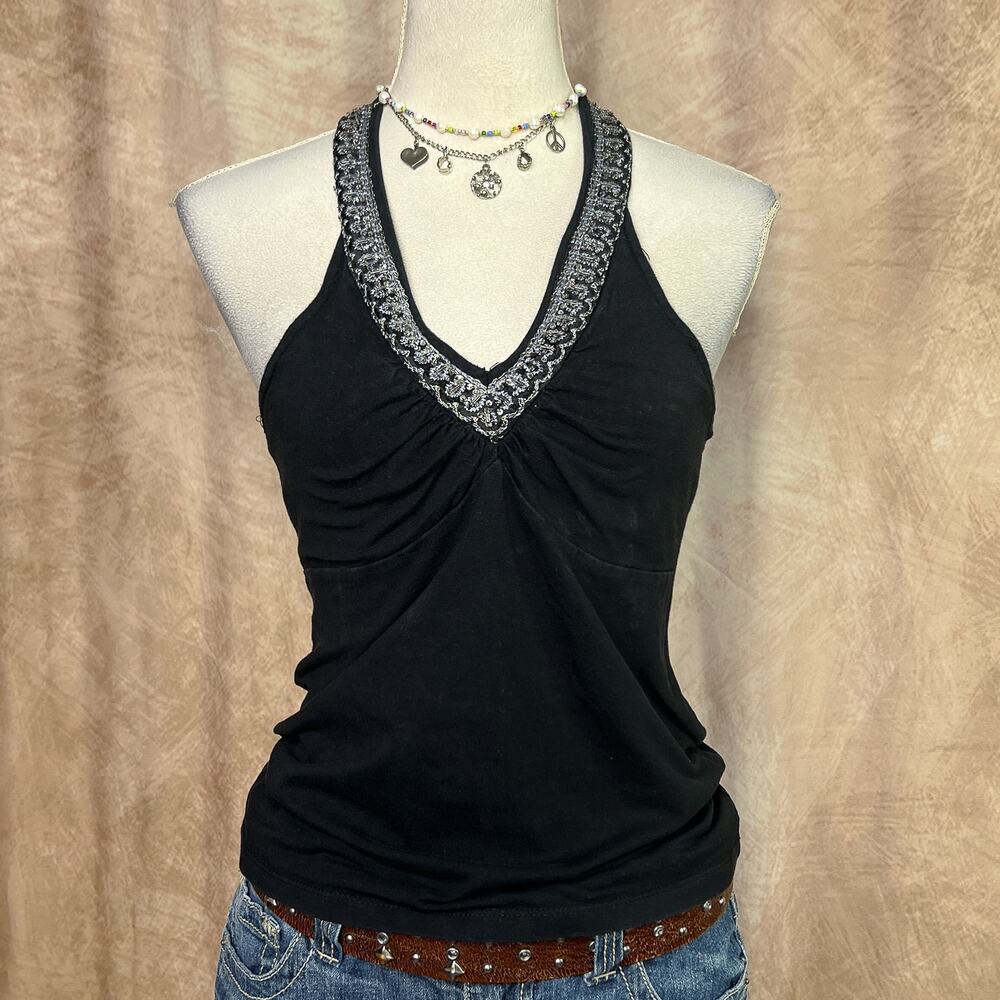 Beaded Ruched Halter Top Black Empire Waist Sleeveless Indie Sleaze Y2K McBling